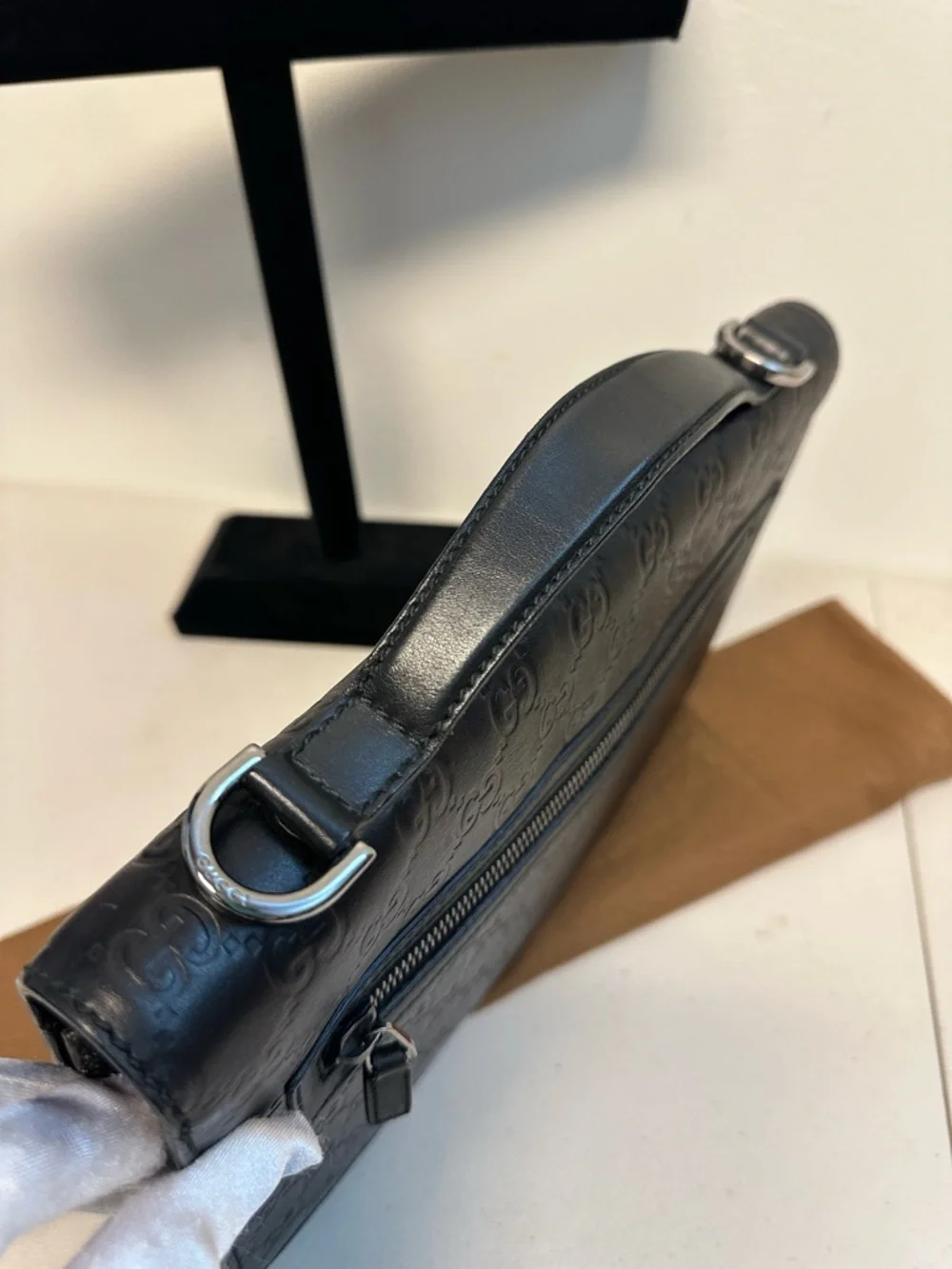 Gucci Black Embossed GG Leather Briefcase with Top Handle